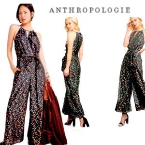 Anthropologie Jumpsuit Keyhole Vibrant Metallic Black Chiffon Crepe Romper NWT